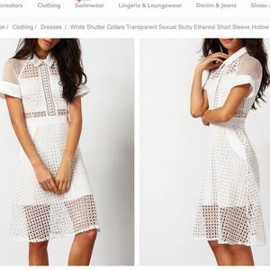 White Collared Dress with Geometric Lace Cutouts